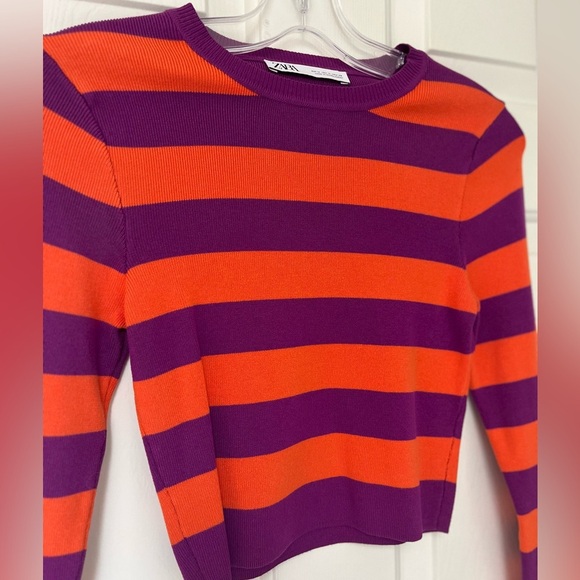 Zara Striped Cropped Knit Sweater M Purple & Orange - Picture 5 of 10